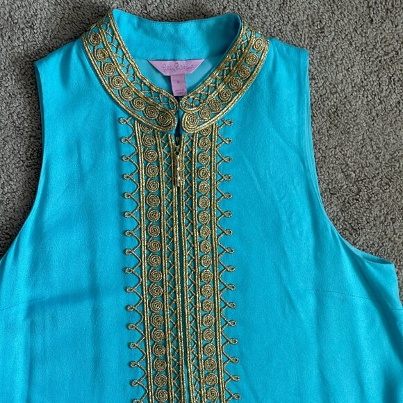 Lilly Pulitzer IBIZA BLUE JANE SHIFT DRESS Gold Braid Nehru Sleeveless Dress Sz6 - Picture 7 of 12